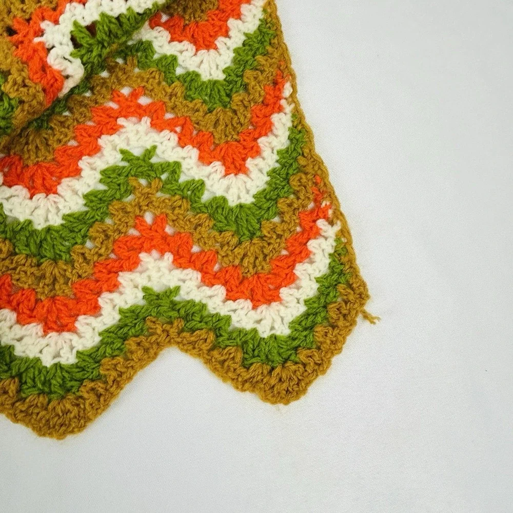 Handmade Throw Blanket Crocheted Granny Afghan Green Gold Orange White 80 x 48